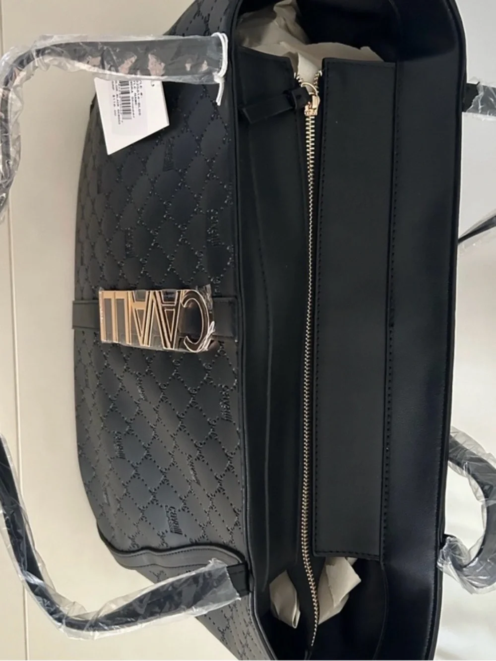 NWT Cavalli Class Sandra Shopper Tote Bag Black Deboss with Gold Hardware - Picture 4 of 13